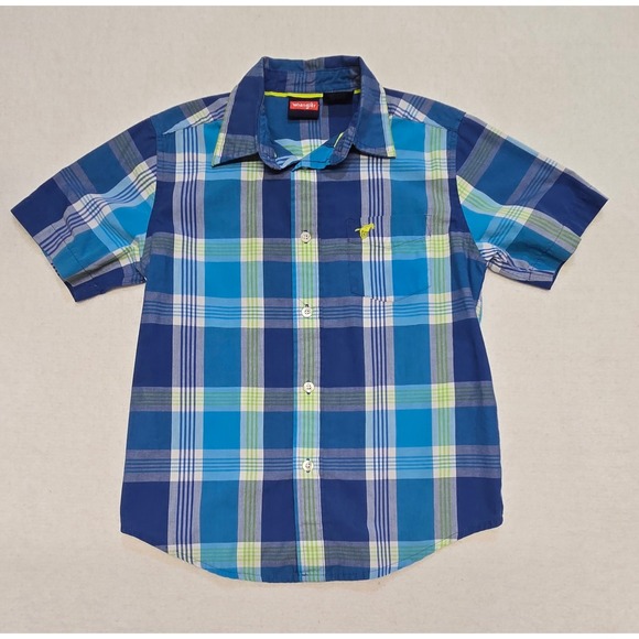 Wrangler Boys Blue Plaid Short Sleeve Button Down Shirt Size 6/7 Horse Logo - Picture 1 of 7